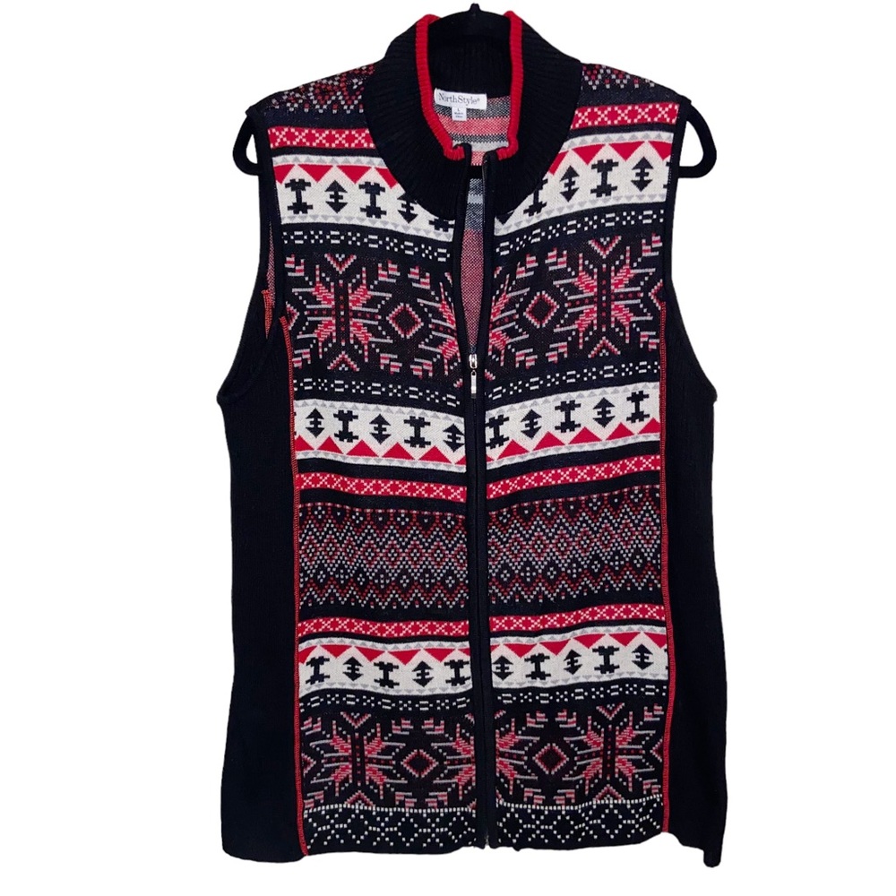 North Style Sweater Vest Womens Large Zip Wool Poly Nylon Blend Fair Isle Nordic